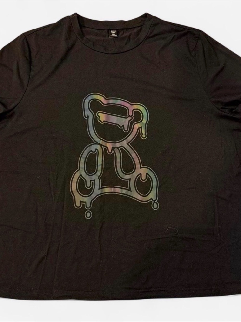 SHEIN Black Tee with holographic Iridescent Drip Bear Graphic